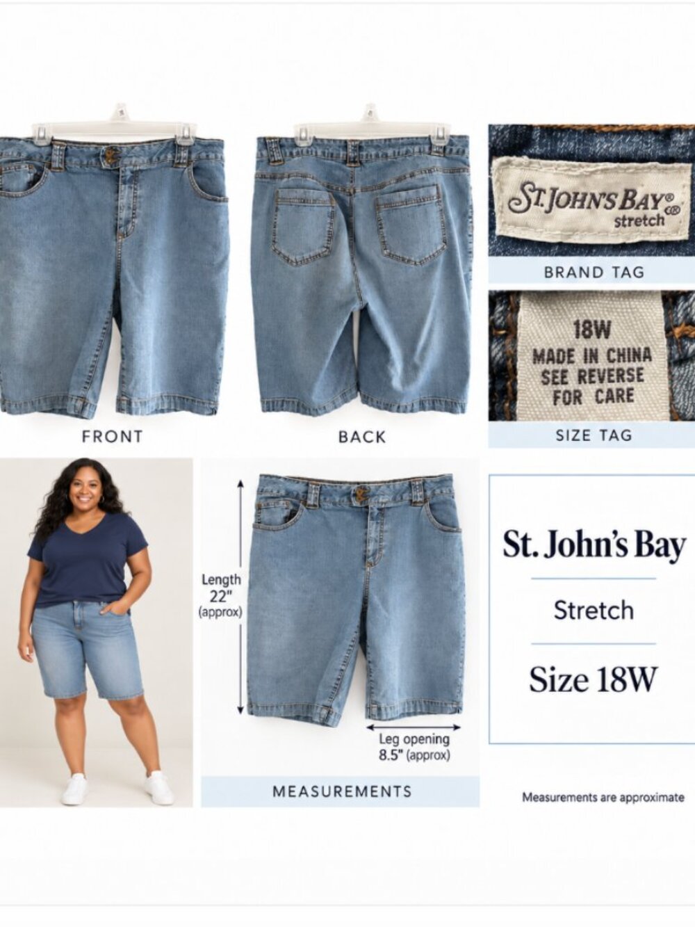St Johns Bay Stretch Denim Bermuda Shorts Womens Size 18W Medium Wash